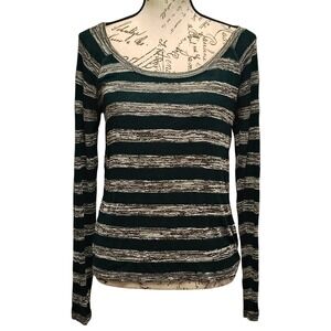 Forever 21 Y2K Striped Long Sleeve‎ T Shirt Small Green Gray Scoop Neck Grunge